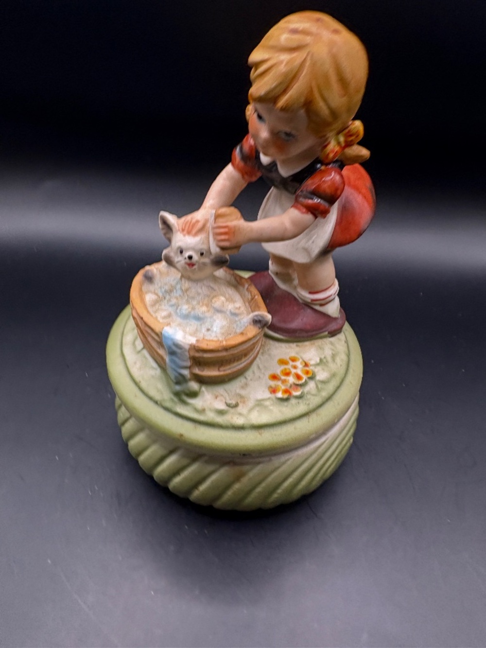 Vintage Girl Holding Washing Cat Music Box Plays Music